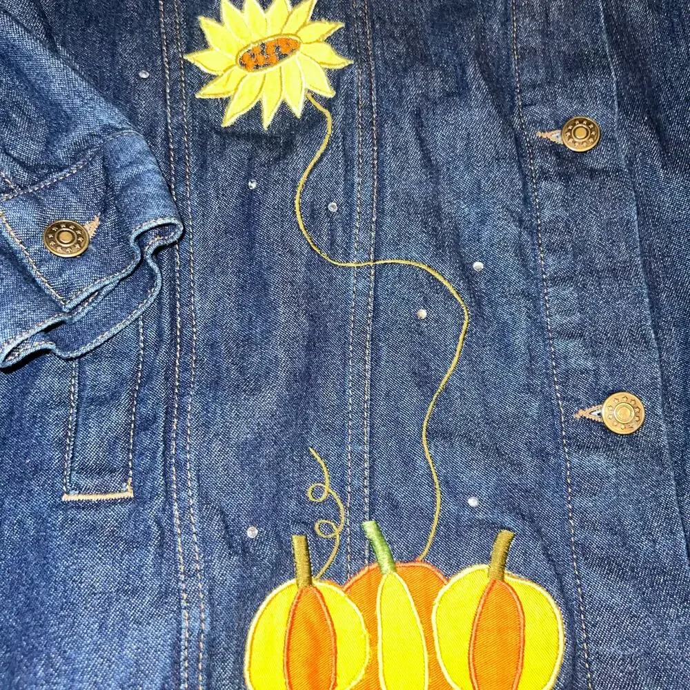 Quacker Factory Fall Harvest Joy scarecrow embroidered denim jacket size large